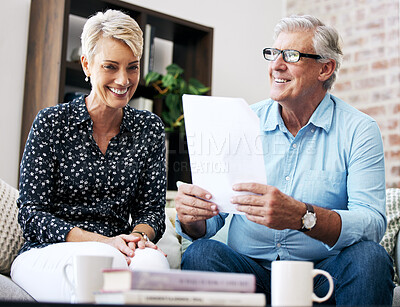 Buy stock photo Senior man, woman and document for real estate on sofa with contract, investment in property and new home. Male realtor, paperwork and female client on couch for moving, retirement and purchase house