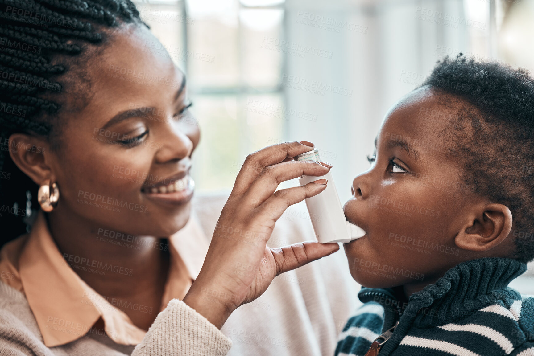 Buy stock photo Black family, mother or inhaler for child with asthma in home living room with chest pain or emergency. Anxiety, oxygen or mom with baby, boy and kid with panic attack, allergy and breathing pump