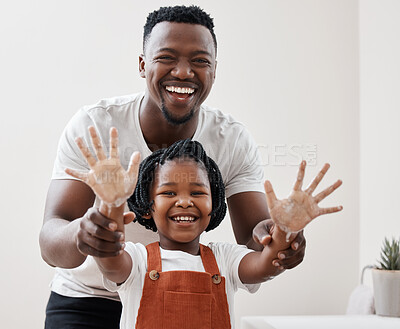 Buy stock photo Shot of a young father helping his daughter wash her hands in the bathroom at home