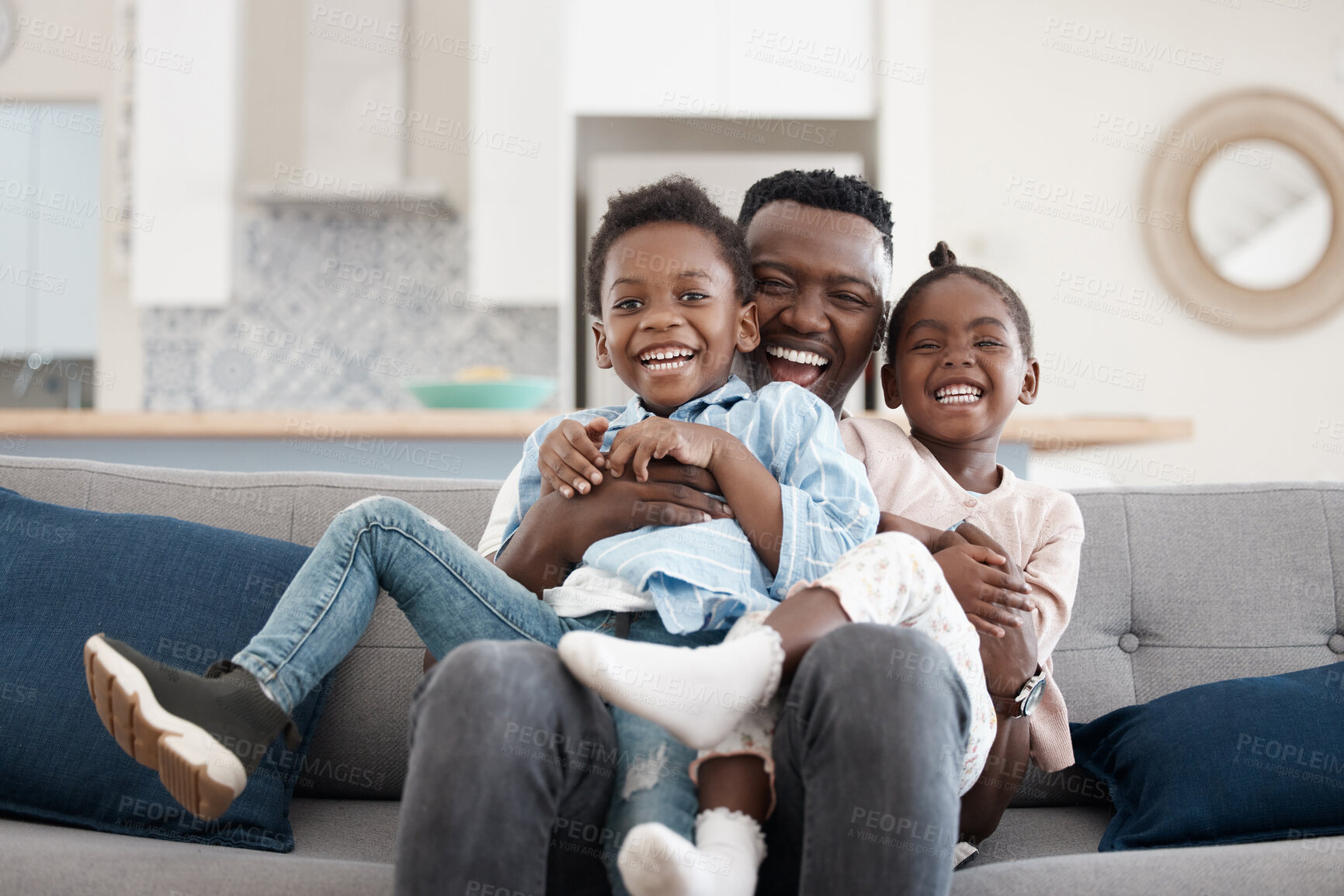 Buy stock photo Hug, happy and portrait of a father with children on the sofa for playing, bonding and laughing. Smile, black family and an African dad hugging kids with affection on a home couch for happiness