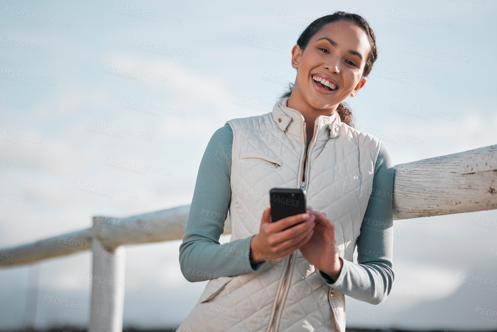 Buy stock photo Happy, woman portrait and smartphone for contact, communication and connectivity outdoor at farm with blue sky. Smile, female person and mobile for checking agriculture, tips and research in nature