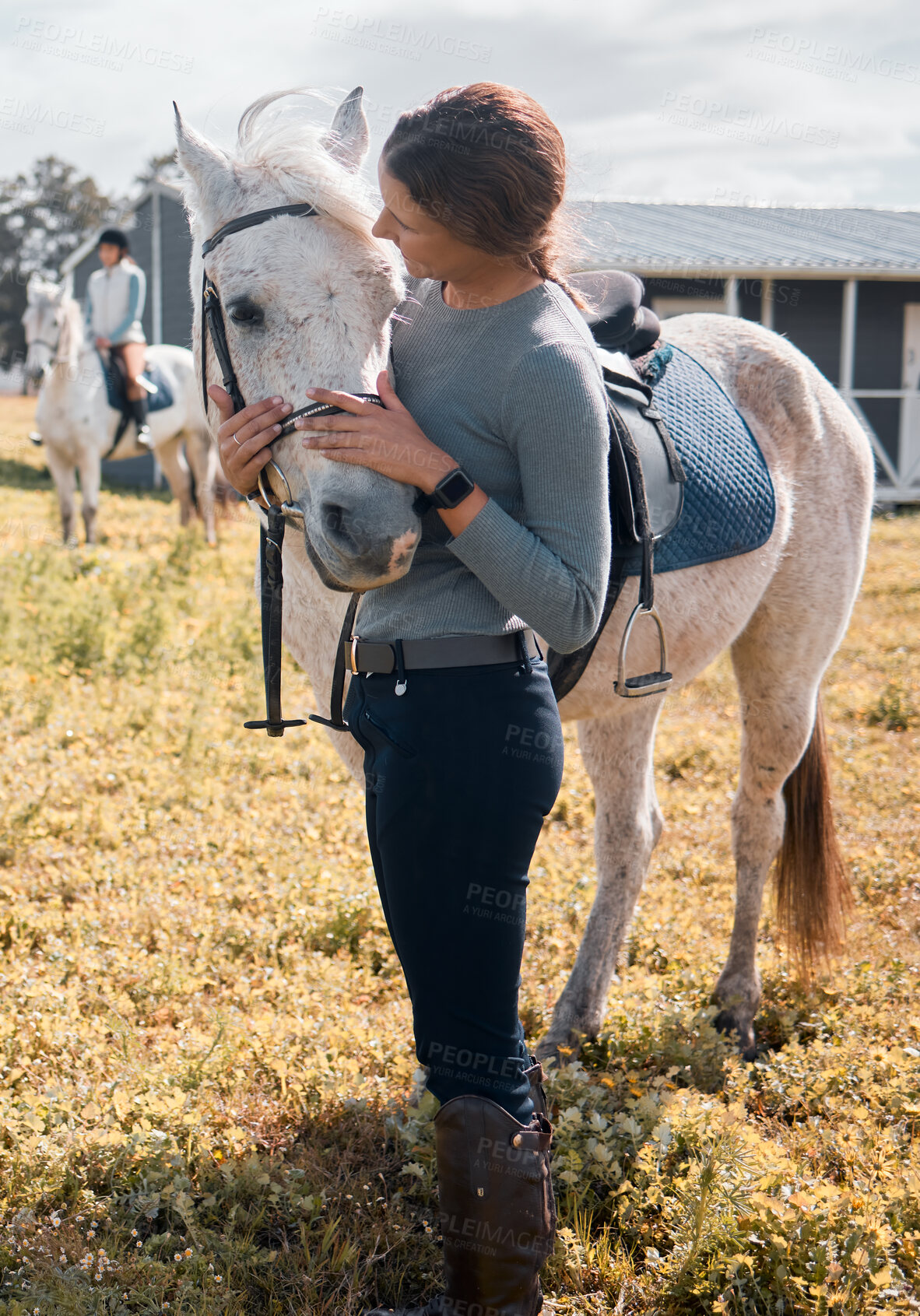 Buy stock photo Love, horse riding or girl in countryside ranch with rider or jockey for recreation hobby or wellness. Outdoor, smile or athlete woman with healthy animal for training, exercise or support on farm