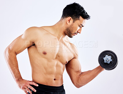 Buy stock photo Muscular man, fitness and weightlifting with dumbbell for workout, strength or muscle gain on a gray studio background. Profile of young male person or active bodybuilder with bicep curl for exercise