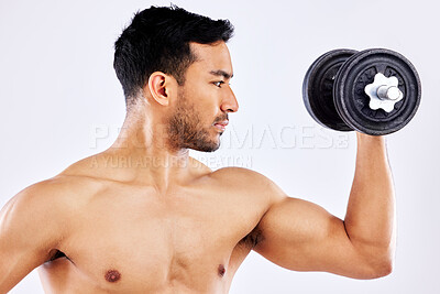 Buy stock photo Man, fitness and sports with weight in profile as bodybuilder for competition, strength and wellness in studio. Healthy, male person and muscle in training, workout and exercise in white background