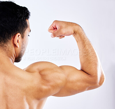 Buy stock photo Man, flexing or back muscle for fitness goals, workout or training motivation and healthcare wellness check. Bodybuilder, sports athlete or model body on aesthetic backdrop on white studio background