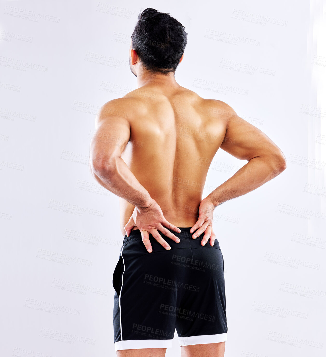 Buy stock photo Man, injury and back pain in studio from accident, fitness or body exercise isolated on white background. Spine, muscle problem and model with arthritis, fibromyalgia or fatigue from sports workout