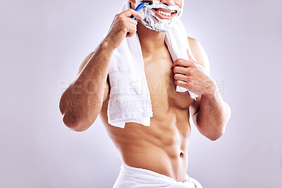 Buy stock photo Body, face and shaving in studio for cleaning, health and hair removal for hygiene isolated on white background. Cream, foam or shirtless person with razor for skincare, grooming or muscle for beauty