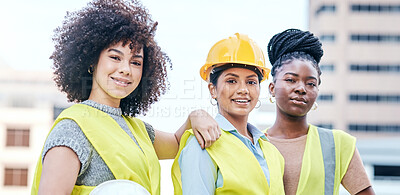 Buy stock photo Portrait of a group of confident young businesswomen working at a construction site