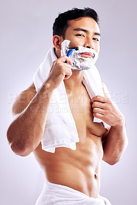 Buy stock photo Portrait, man and shaving face with razor in studio for cleaning, health or hair removal for hygiene isolated on white background. Cream, foam and cut beard for skincare, grooming and body muscle
