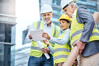 Buy stock photo Shot of a group of businesspeople using a digital tablet while working at a construction site
