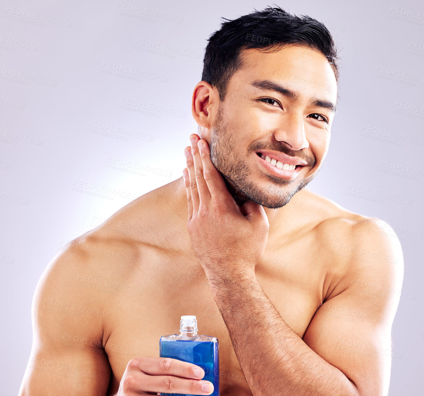 Buy stock photo Model, smile and aftershave for face, grooming and beard for beauty and aesthetic wellness for healthy skin on studio background. Happy, guy and man for facial hair or dermatology, body and cosmetics