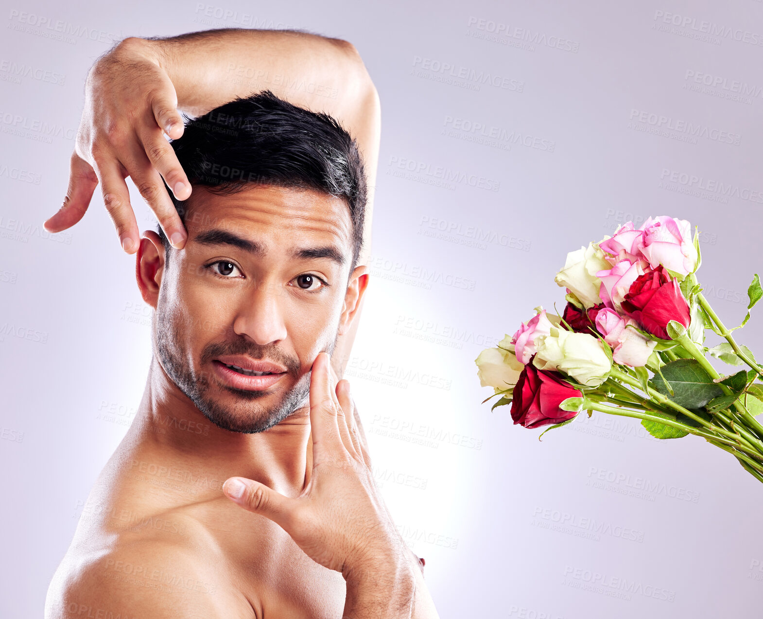 Buy stock photo Portrait, man and hygiene with flower in studio, beauty and skincare for fresh, clean and healthy body, plants and cosmetic in salon. Confident, person and spring, nature or glow for white background