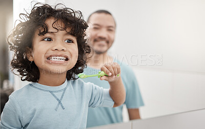 Buy stock photo Happy, morning and child brushing teeth with father for dental hygiene, oral care and freshness. Smile, showing results and a boy kid with dad and mirror reflection for tooth cleaning and routine