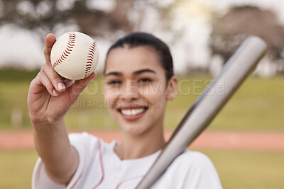 Buy stock photo Shot of an unrecognisable woman standing alone outside and holding a baseball bat