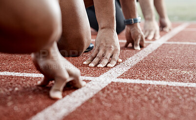 Buy stock photo Ground, hands and people ready for a race, running competition or training at a stadium. Fitness, sports and athlete runners in a line to start a sprint, exercise or challenge in track or athletics