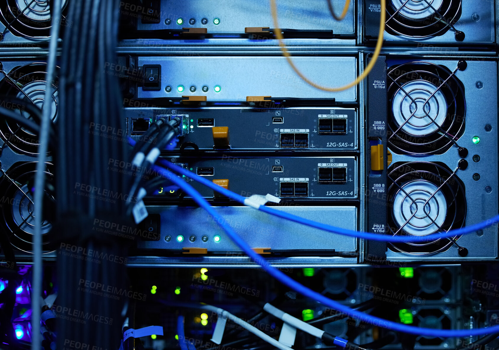 Buy stock photo Shot of electronic equipment in an empty server room