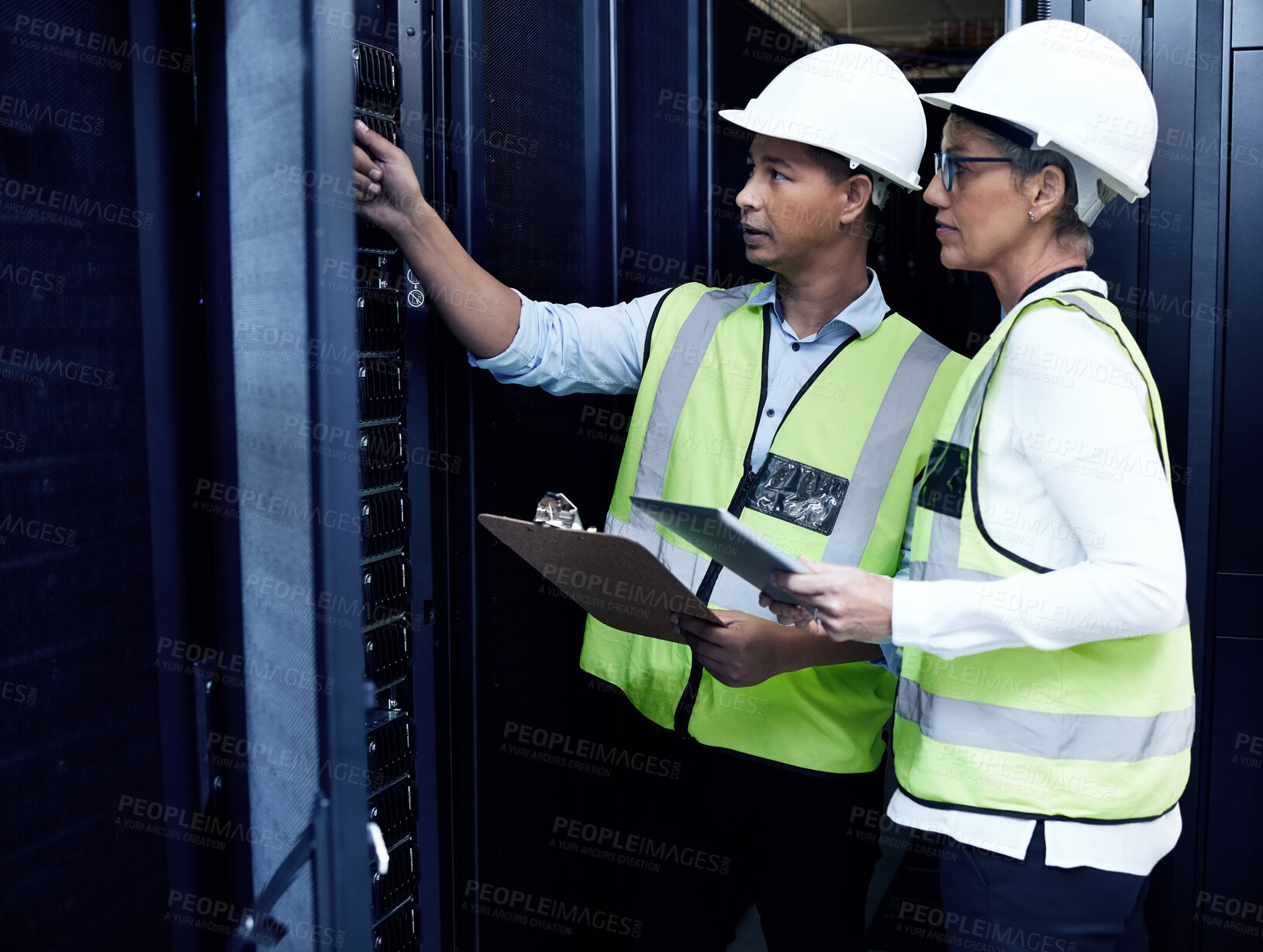 Buy stock photo Data center, engineer and tablet for maintenance, safety and checklist as programmer in information technology. Male person, woman and hardware inspection for security, server room and system update