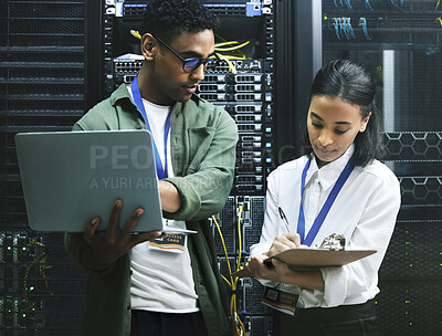 Buy stock photo Technician, programmer and laptop with clipboard, server room or digital software with check security, system update or connect. Staff, man or woman with technology, network safety or secure internet