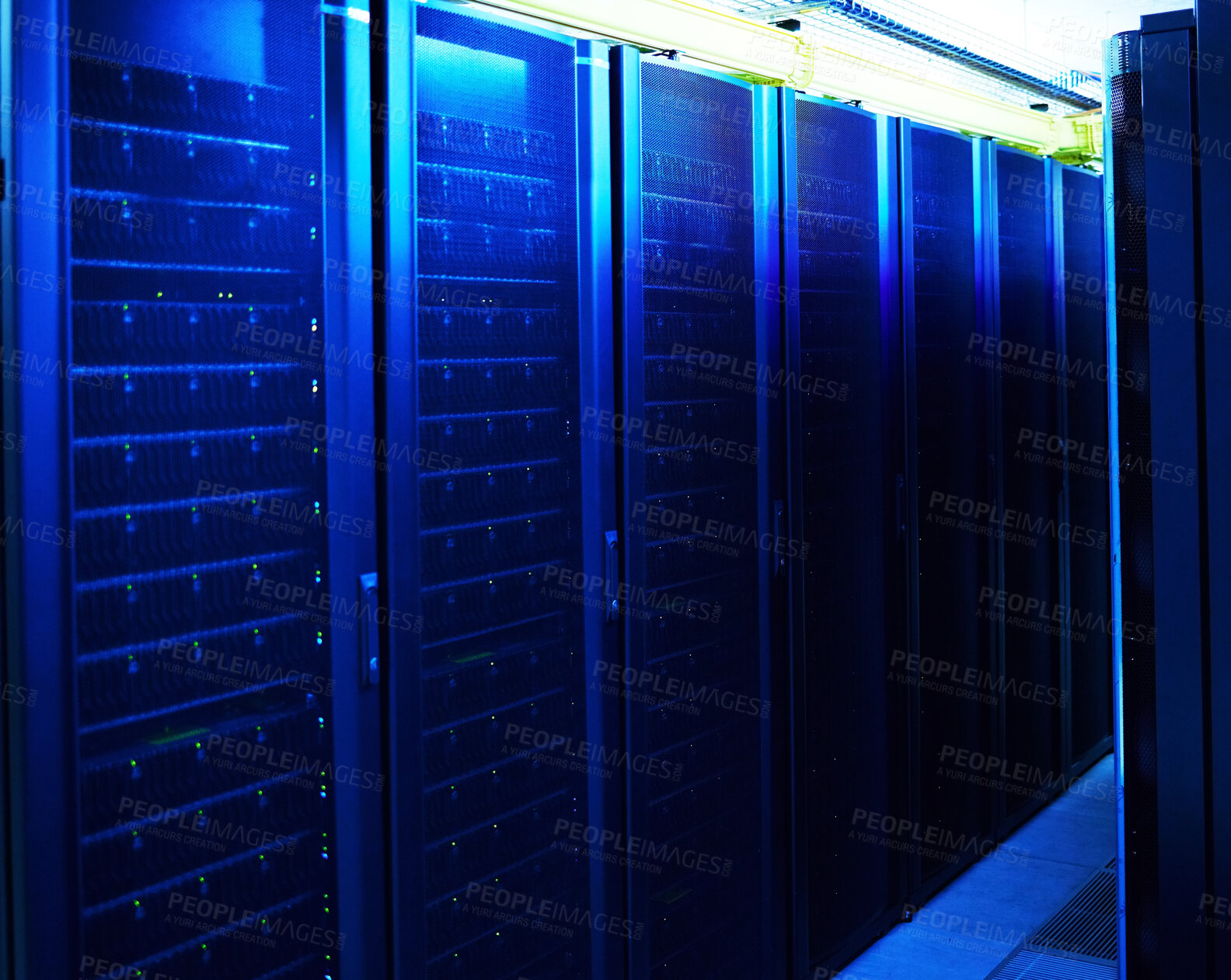 Buy stock photo Data center, machine and hardware in server room for information technology, configuration or software update. Empty, hub and equipment for security patch, system recovery or optimize performance