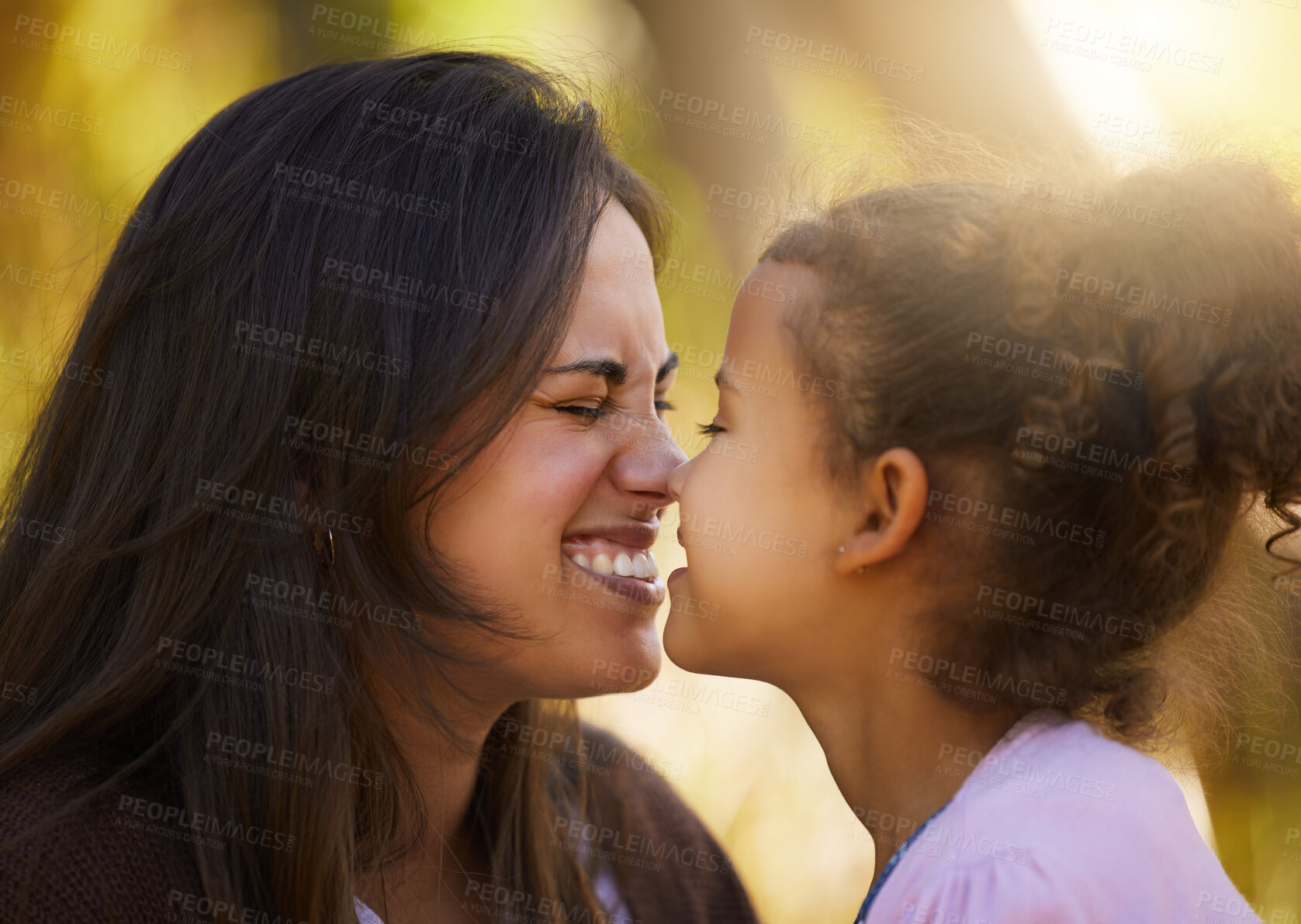 Buy stock photo Mother, child and nose touch in nature, love and bonding to connect in childhood at garden. Mama, daughter and playing game for support in outdoor profile, happiness and affection for relationship