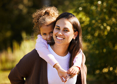 Buy stock photo Mother, kid and piggyback portrait in garden, love and bonding to connect in childhood on holiday. Mama, carrying daughter and adventure game for fantasy in outdoor, happiness and care in nature