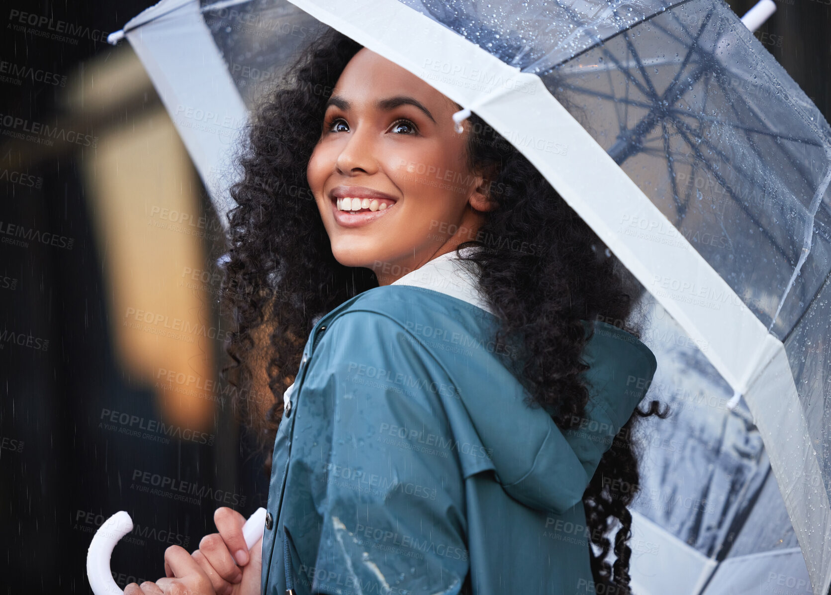 Buy stock photo Smile, business and woman with umbrella in city for morning, outdoor walk and travel to office. Female employee, happy and parasol for winter rain with urban commute, insurance cover and security