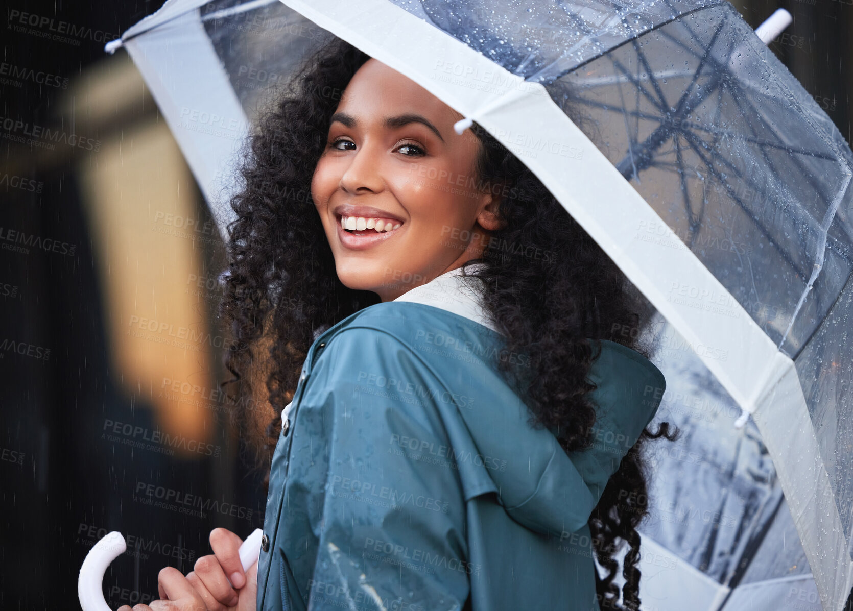 Buy stock photo Portrait, business and woman with umbrella in city for morning travel, smile and outdoor walk. Corporate employee, happy and parasol for winter rain with urban commute, insurance cover and security