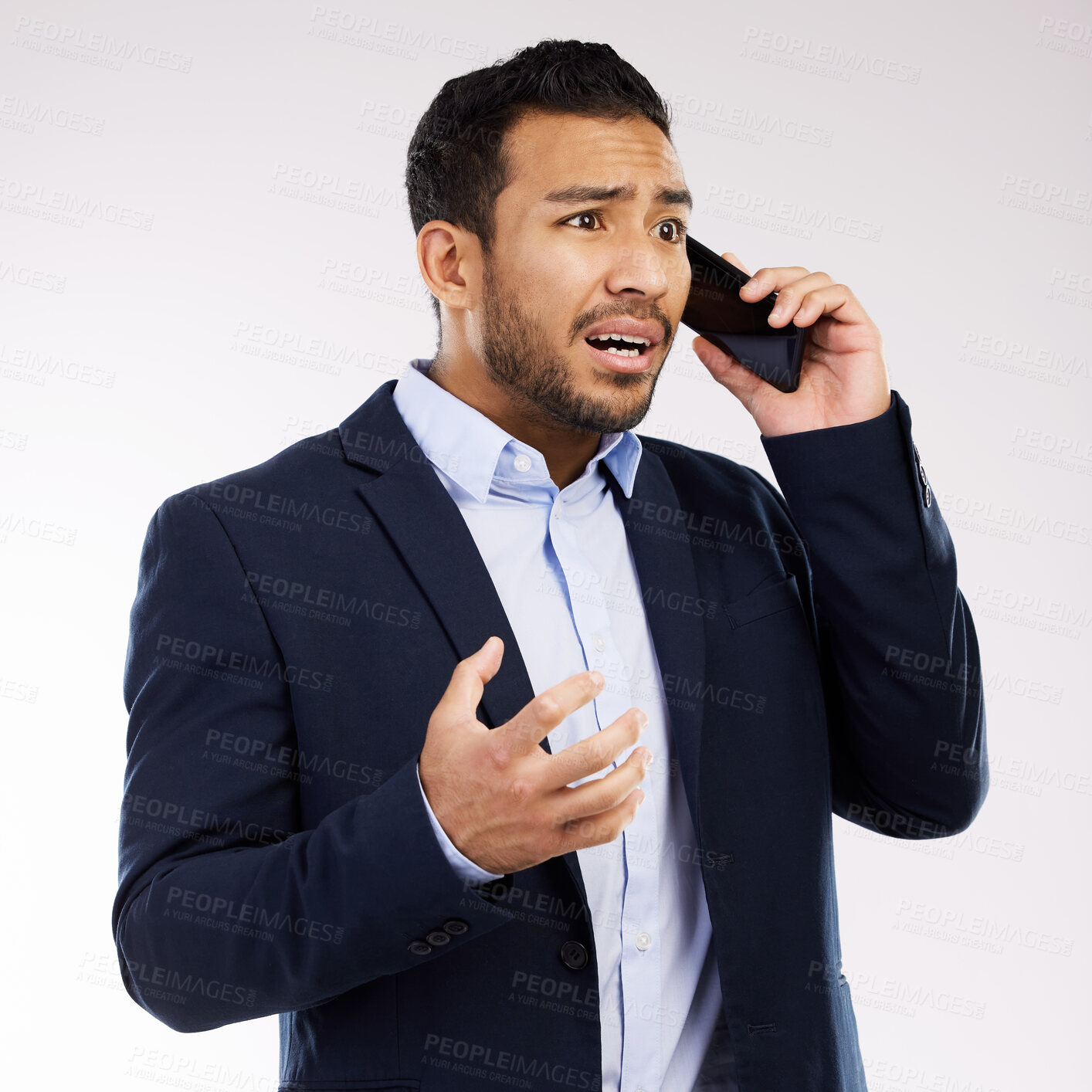 Buy stock photo Businessman, communication and frustrated for phone call talk with to upset client, problem or crisis in studio. Employee, mobile and stress for identity fraud, scam and anxiety by white background