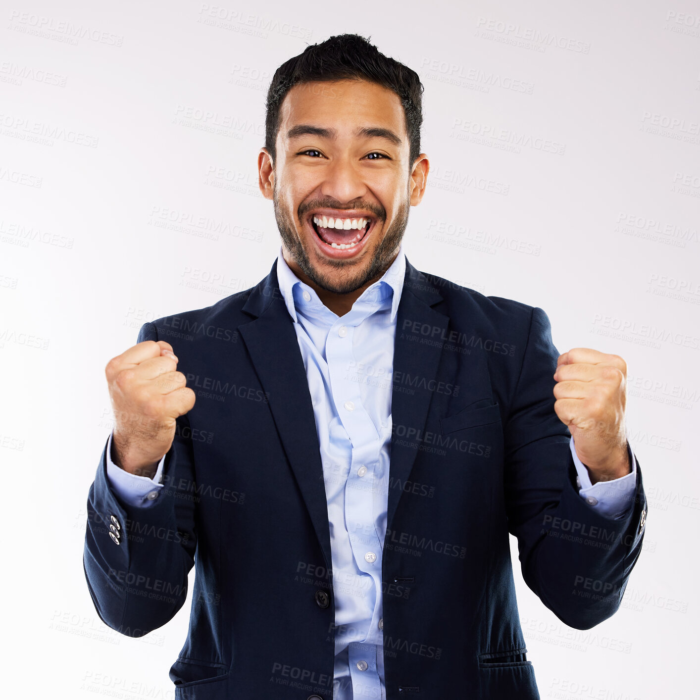 Buy stock photo Portrait, success and businessman with fist pump in studio for achievement, celebration or project goal on white background. Winner, happy and employee for profit, financial growth or opportunity