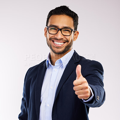 Buy stock photo Smile, glasses and thumbs up by businessman happy and accept vision isolated against a white studio background. Corporate, employee and portrait of an entrepreneur showing thank you sign as agreement
