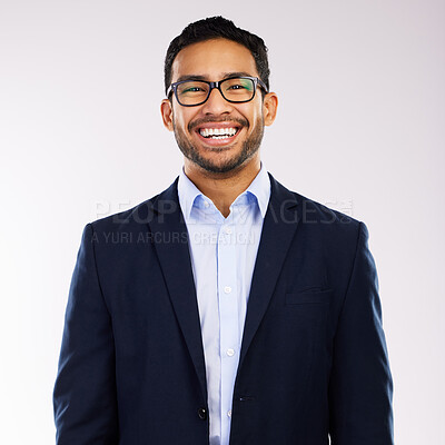 Buy stock photo Smile, glasses and business man happy for vision, eyewear and isolated against a white studio background. Corporate, employee and portrait of an entrepreneur or professional with eyecare frames