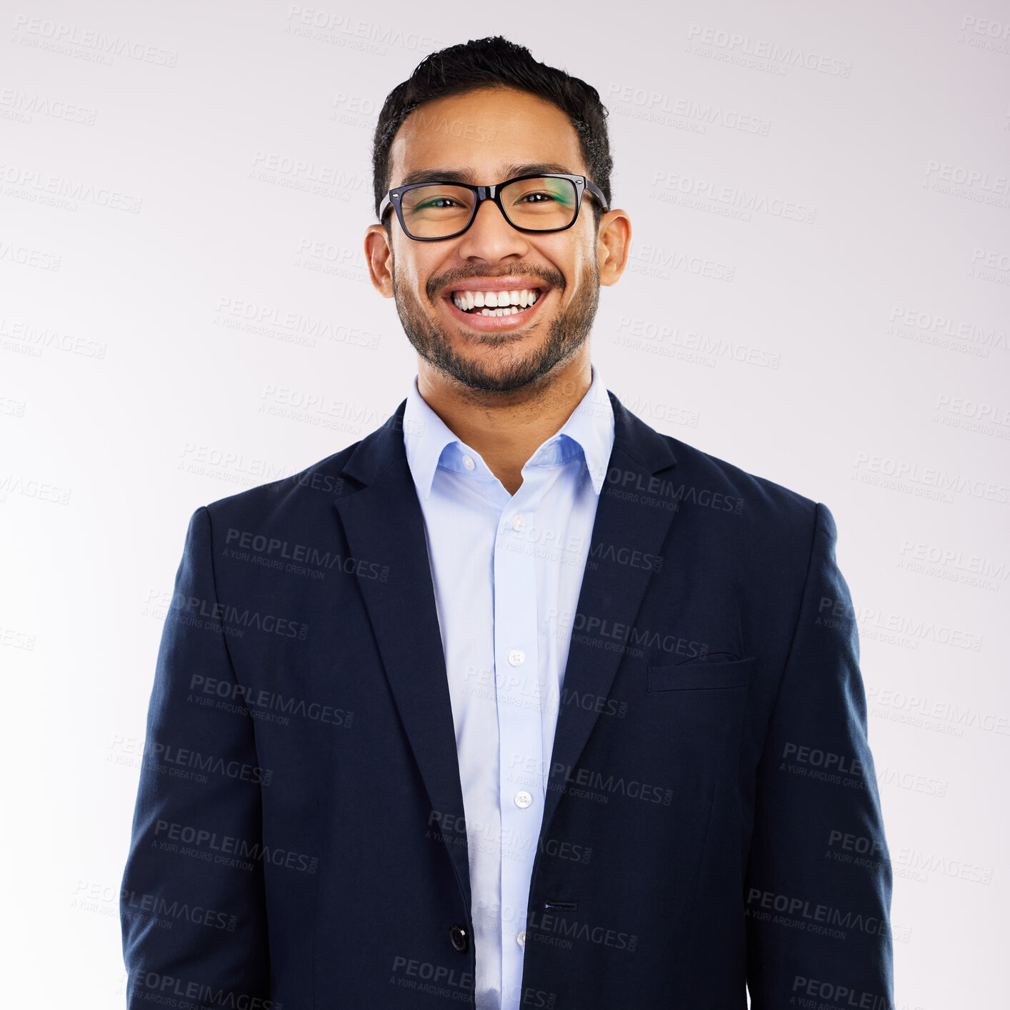 Buy stock photo Smile, glasses and business man happy for vision, eyewear and isolated against a white studio background. Corporate, employee and portrait of an entrepreneur or professional with eyecare frames