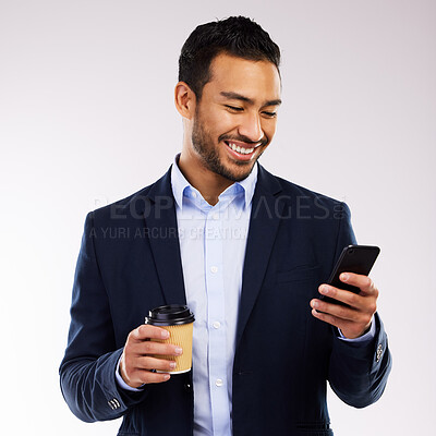 Buy stock photo Studio shot of a young man using a phone and having coffee against a grey background