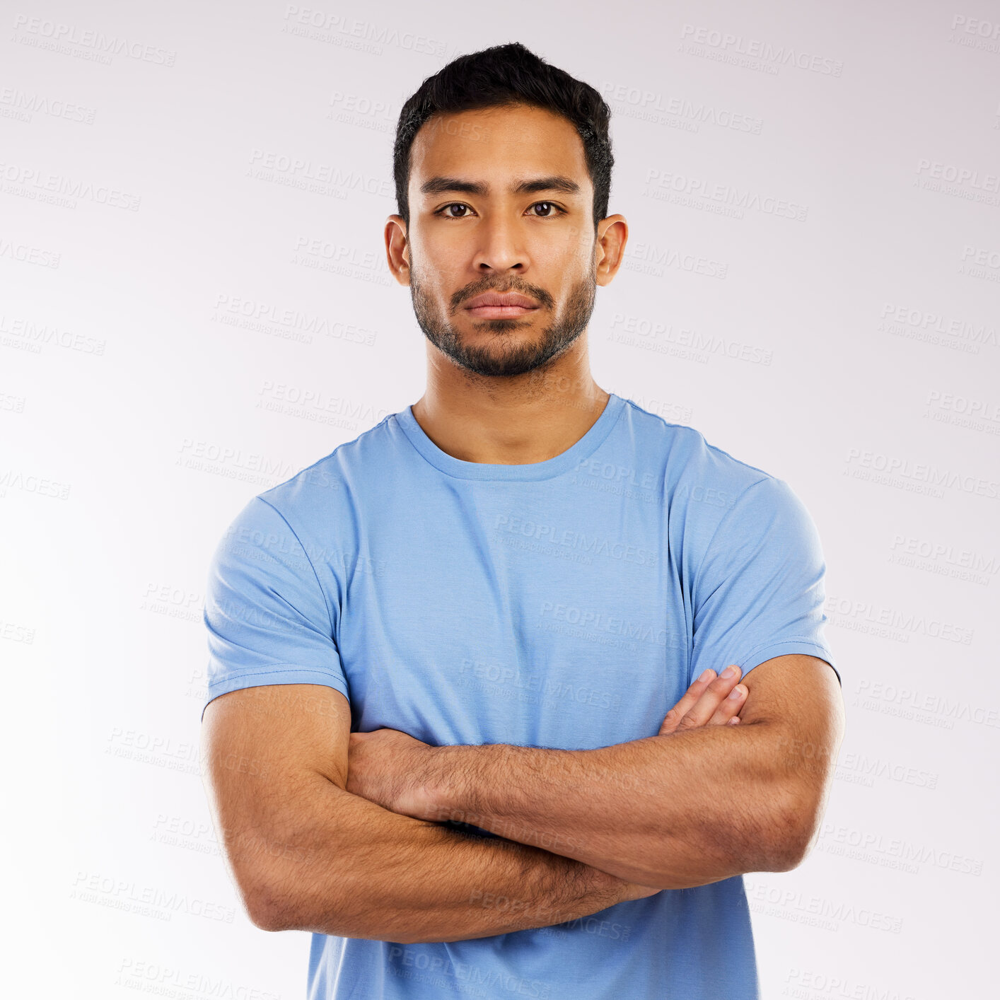 Buy stock photo Crossed arms, serious and portrait of man in studio with confidence for personal trainer career. Pride, strong and face of Asian male gym owner with startup fitness business by white background.