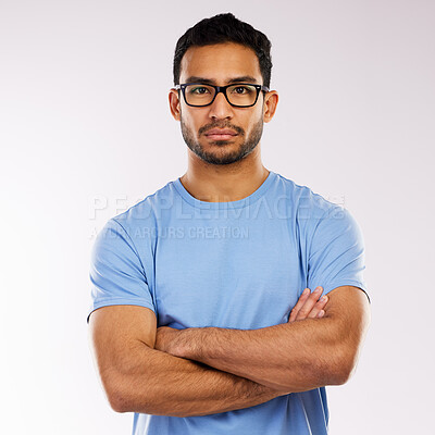 Buy stock photo Shot of a man standing against a grey background