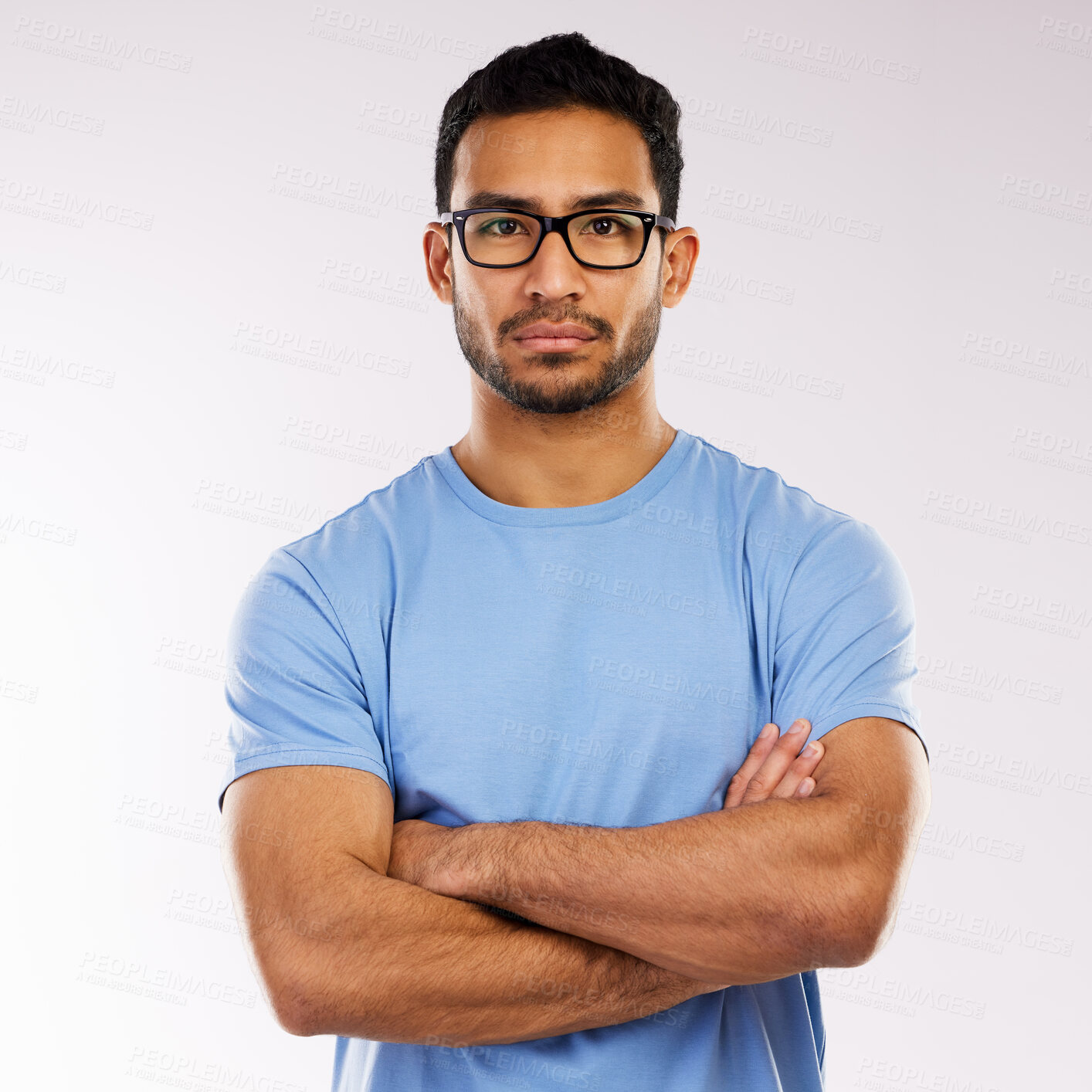 Buy stock photo Crossed arms, glasses and portrait of man in studio with pride for web development career. Serious, IT and male programmer from Indonesia with confidence for vision or eyewear by white background.