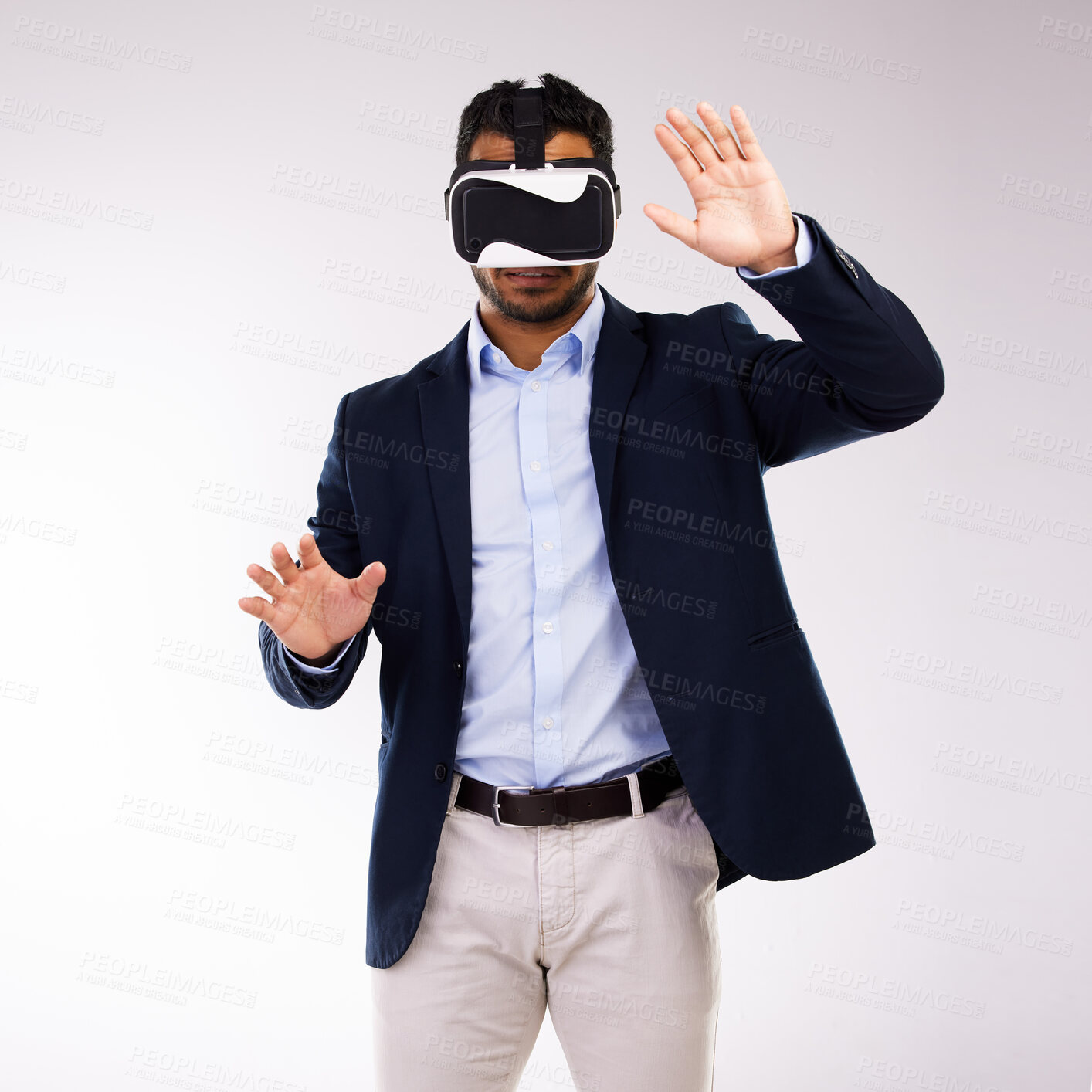 Buy stock photo Hands, businessman and VR technology in studio for metaverse, interaction and augmented reality. Corporate, advocate and person with ux for virtual evidence, courtroom or training on white background