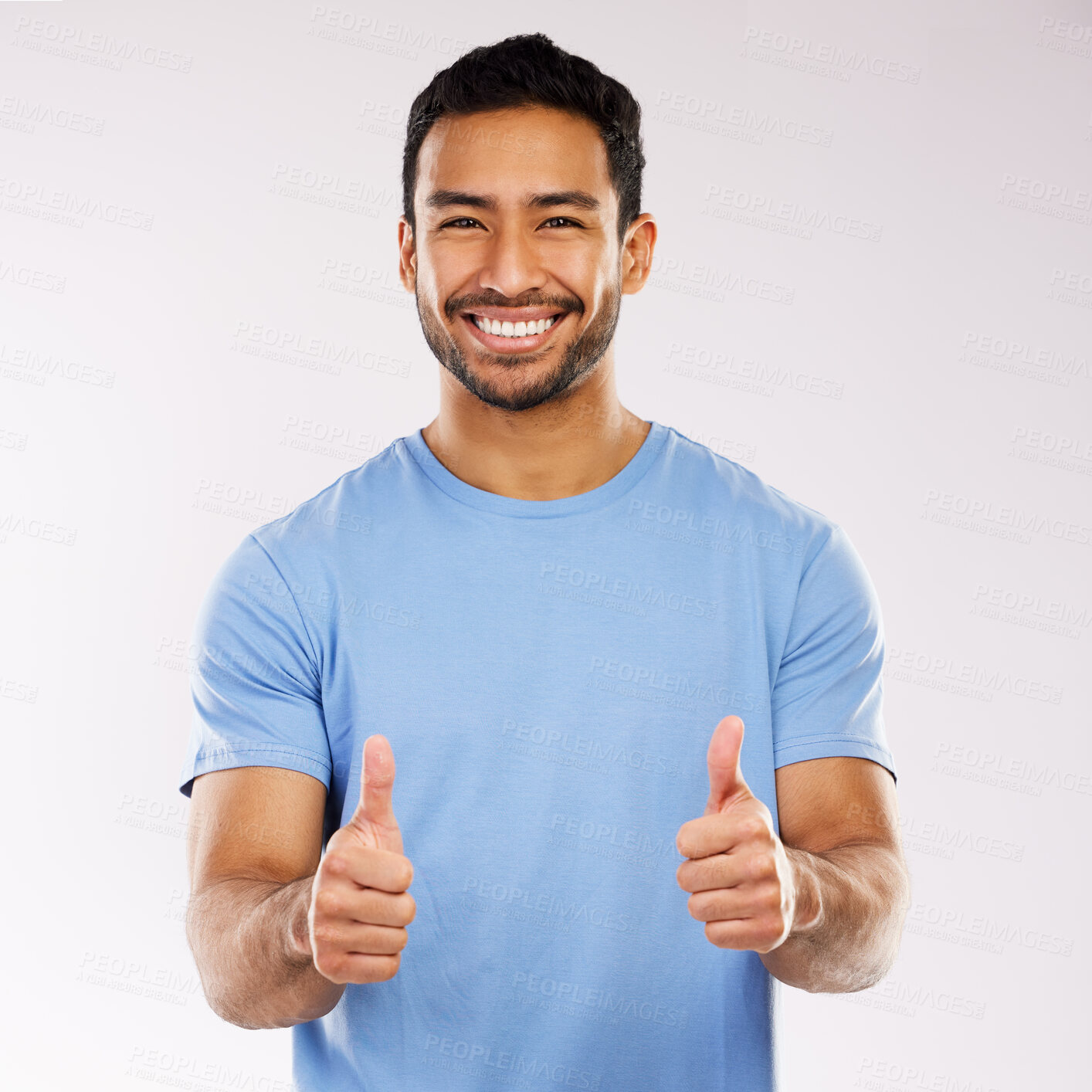 Buy stock photo Thumbs up, smile and asian man in studio, hand gesture and emoji on white background. Thank you, yes and agreement for male person, portrait and happy face for approval and positive feedback or vote