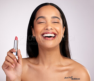 Buy stock photo Portrait, beauty and woman in studio with lipstick for cosmetics, confidence or makeup on white background. Product, aesthetic and happy model for satisfaction, natural glow or salon treatment