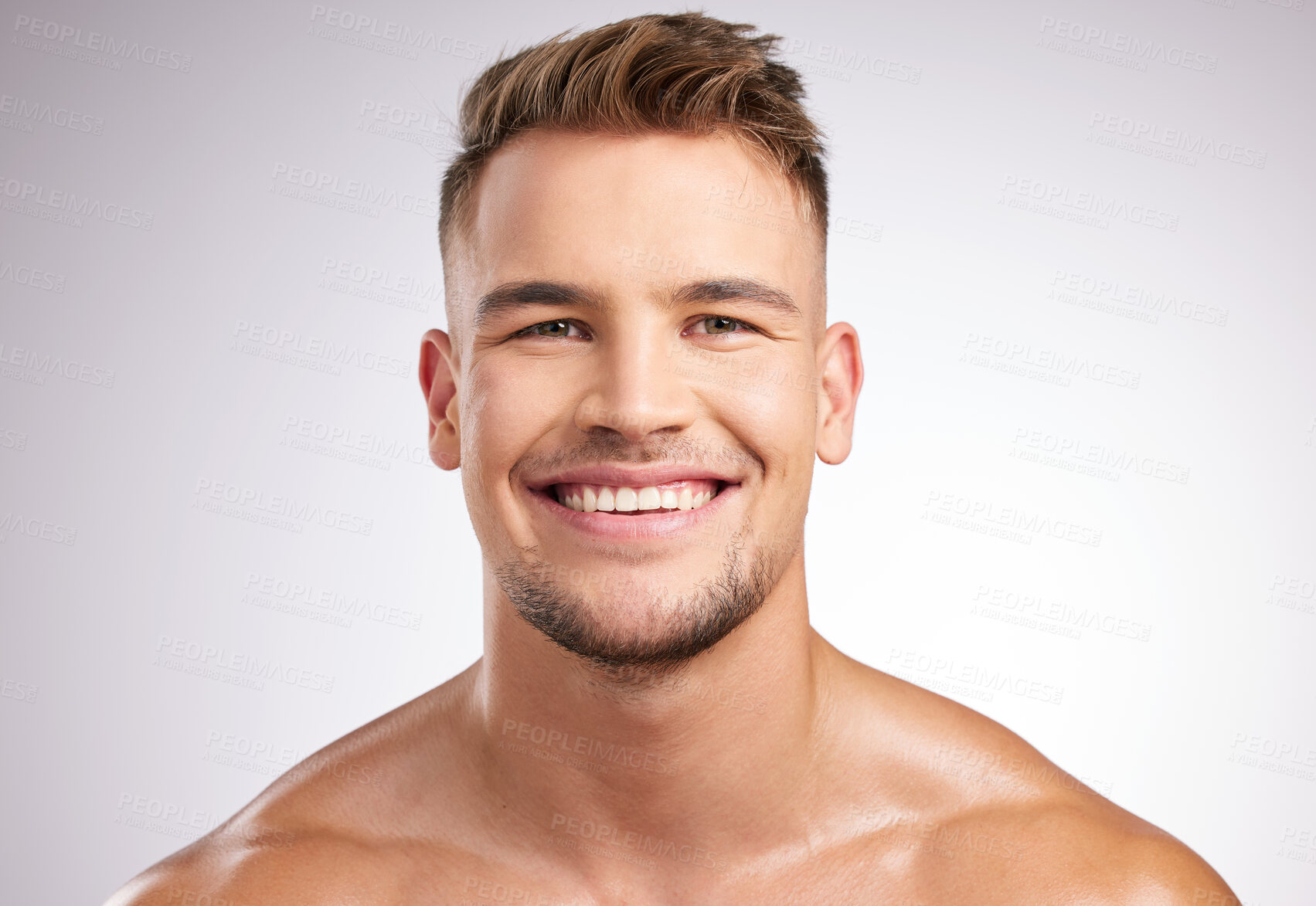 Buy stock photo Man, portrait and happy in studio for skincare, smile and grey background for cosmetology or body care. Dermatology, face cleaning and beauty or wellness, hygiene and grooming with male person