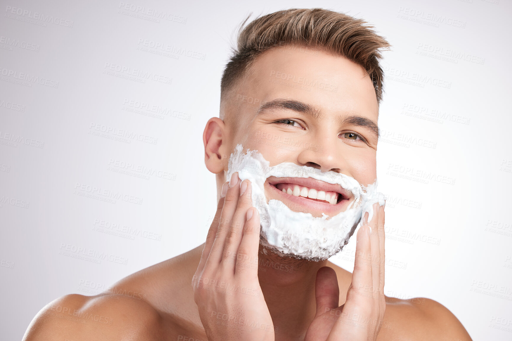 Buy stock photo Man, portrait and shaving cream on face in studio, grooming and facial care for beard hair removal with product. Foam, skincare and dermatology or cosmetology, cleaning hygiene and white background