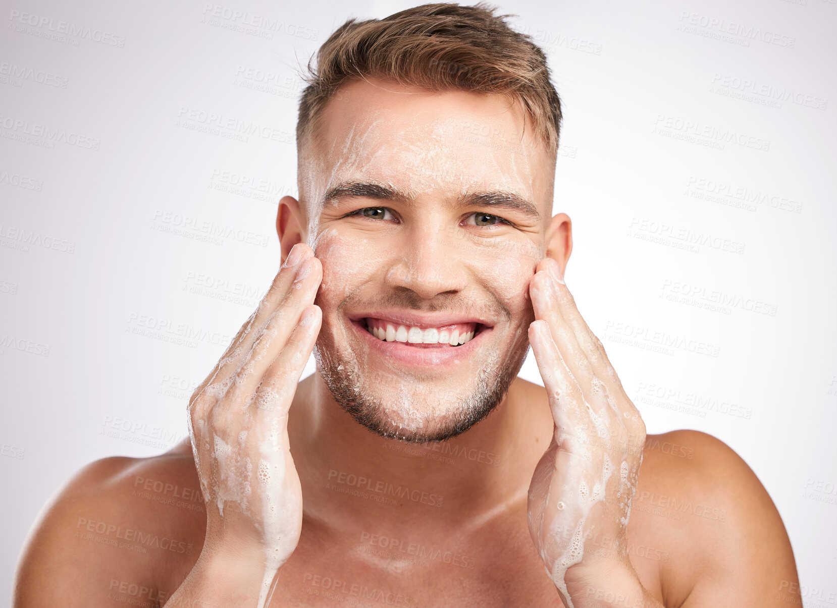 Buy stock photo Man, skincare and cosmetic scrub for hygiene, anti aging and hydration for dermatology or wellness. Male person, beauty and results for face, cosmetology for self care in studio backdrop as routine