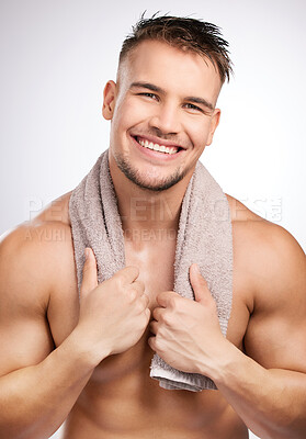 Buy stock photo Studio, clean and man in portrait for skincare, towel and body care for wellness with confidence. White background, male model and fabric for freshness, hygiene and healthy routine as treatment