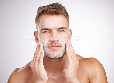 Buy stock photo Man, skincare and facial scrub for hygiene, anti aging and hydration for cosmetology or wellness. Male person, beauty and results for cosmetic, dermatology for self care in studio backdrop as routine