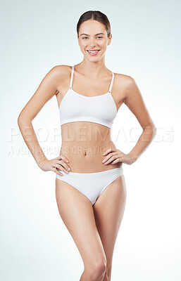 Buy stock photo Portrait, body confidence and woman with underwear for wellness, waxing or epilation and beauty in studio. Smile, model girl and bikini for hair removal cosmetics with soft skin by white background