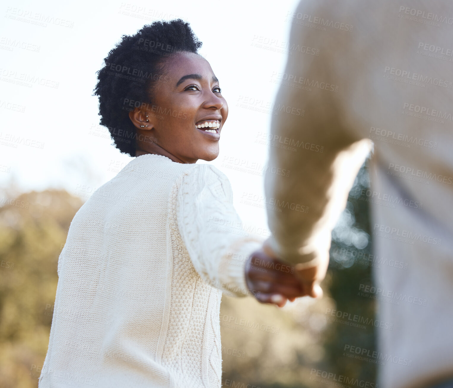 Buy stock photo Black woman, walk and holding hands in countryside for love, holiday and adventure or camping trip. Vacation, couple and happy together outdoor for support, comfort and wellness for care in forest 