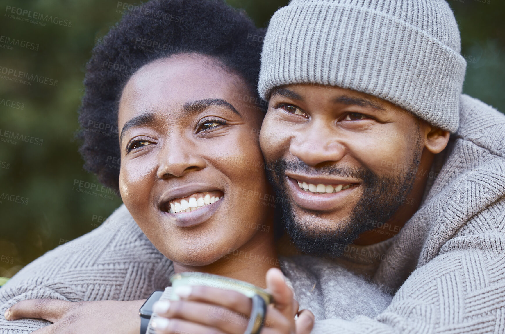 Buy stock photo Couple, hug and thinking in countryside for love, holiday and adventure or winter camping trip. Black man, woman and embrace outdoor for support, comfort and together with memory and smile in forest 