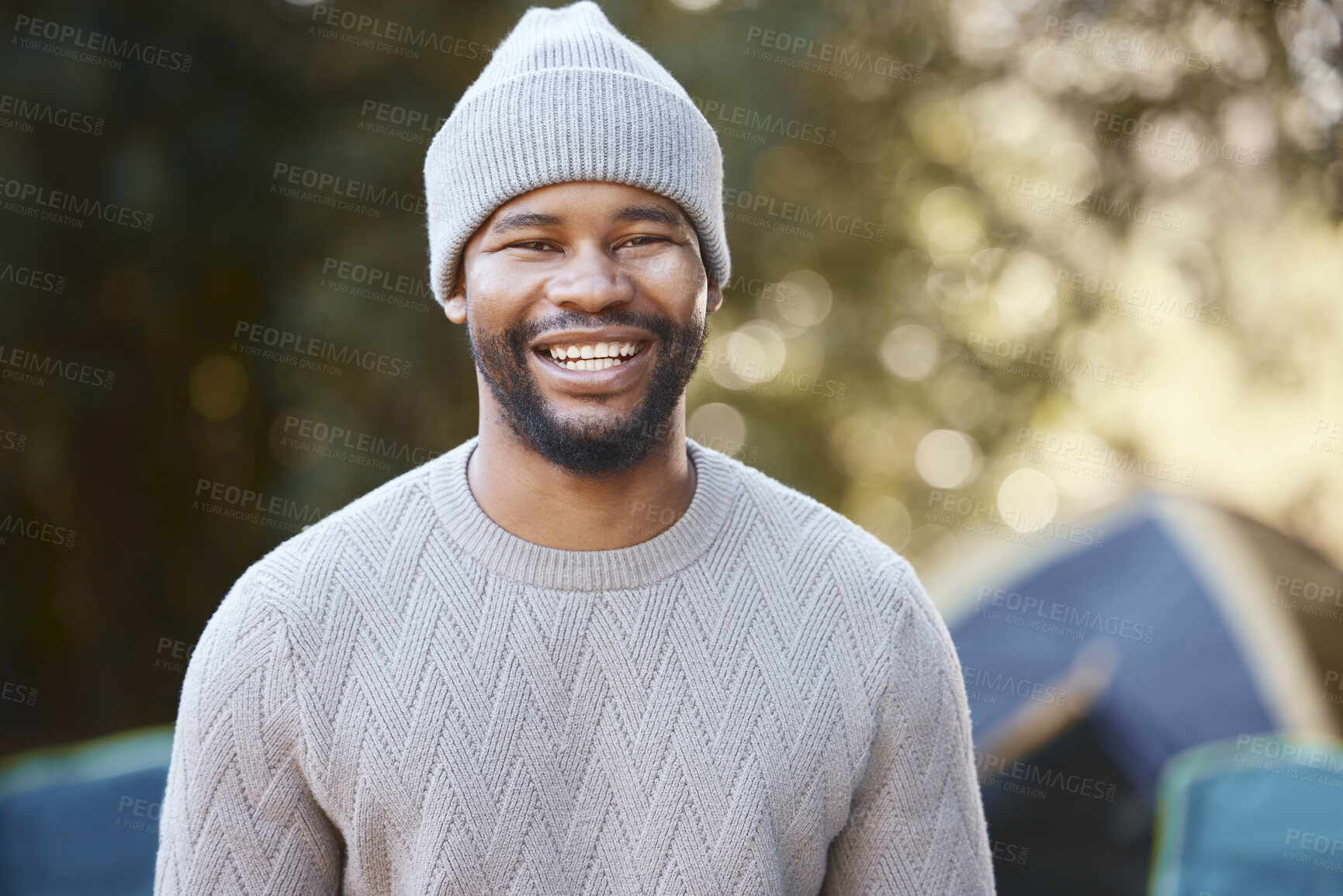 Buy stock photo Black man, nature and camp with portrait, smile and outside for holiday or adventure. Tent, relax and survival skills workshop for happy male person, hobby and woods or forest for travel in winter