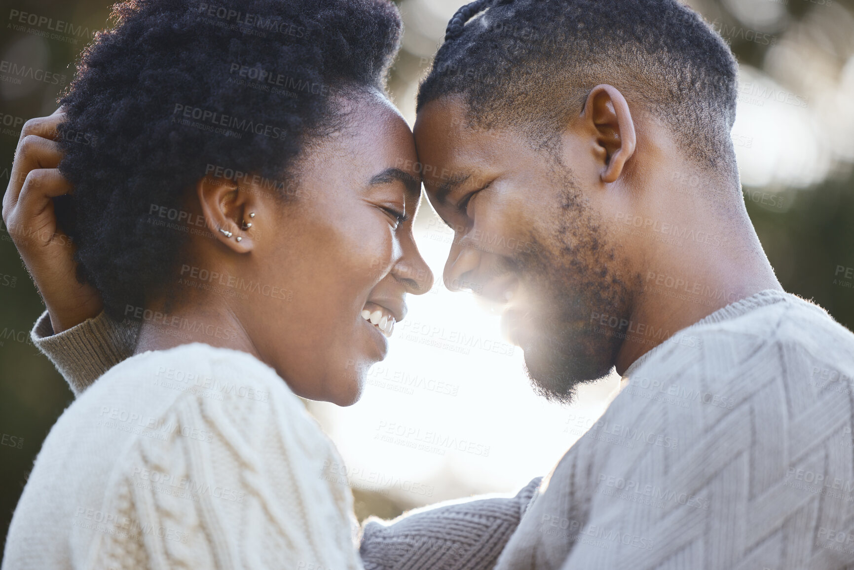 Buy stock photo Couple, together and hug in countryside for love, holiday and adventure or winter camping trip. Black man, woman and embrace outdoor for support, comfort and happiness with care and date in forest 