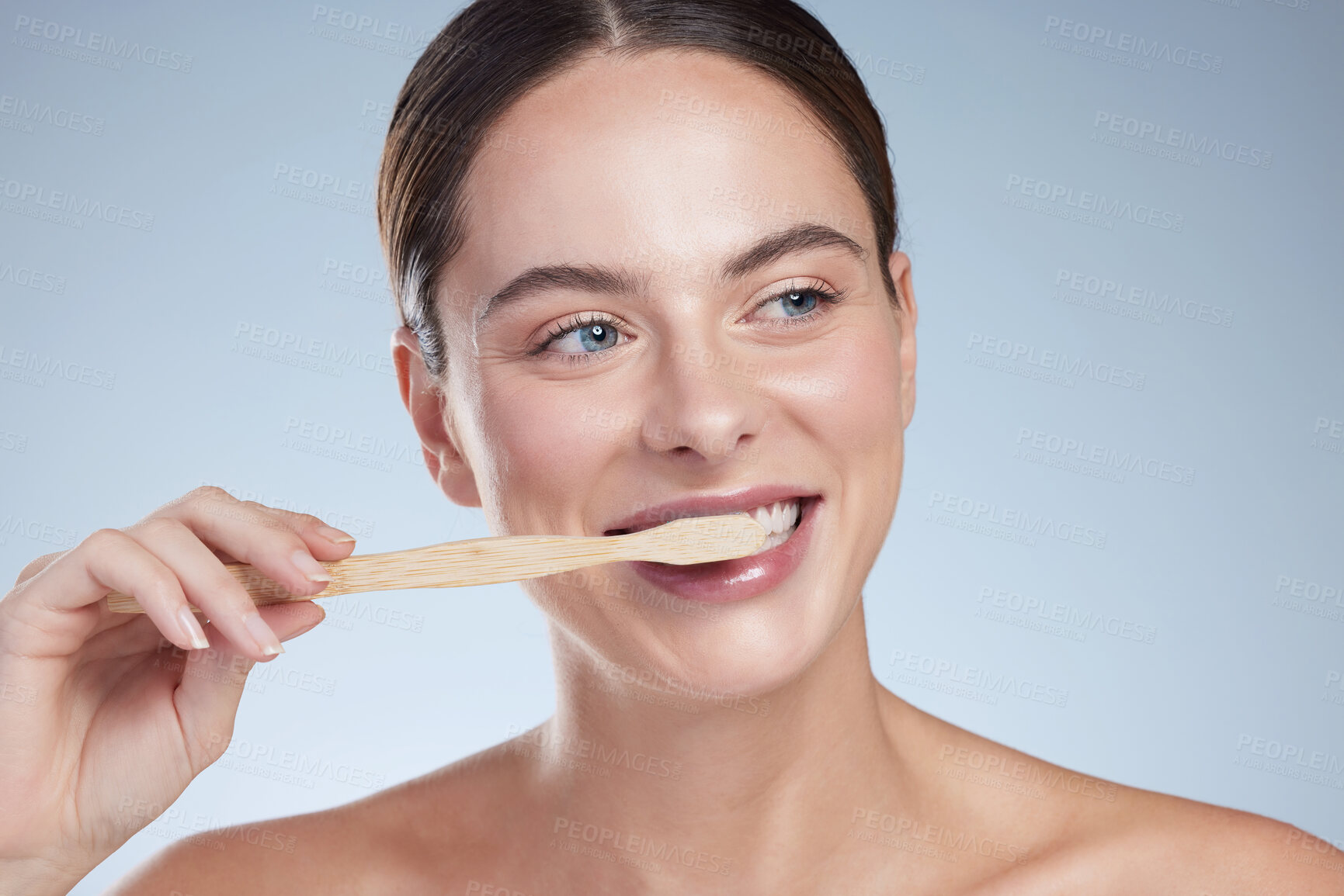 Buy stock photo Teeth, beauty and woman in studio with toothbrush, hygiene and dental care on white background. Toothpaste, product and smile for influencer and brand deal, medical and promotion for female person